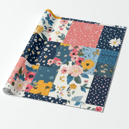 Vetgedrukte bloemen patchwork patroon cadeaupapier (Uitgerold)