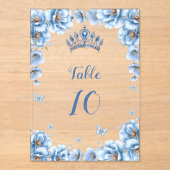 Vetgedrukte Bloemstof Blauw Quinceañera Tafelnumme Acryl Uitnodigingen (Voorkant)