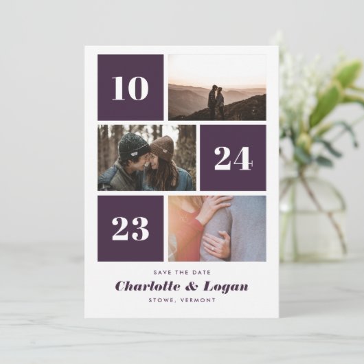Vetgedrukte blokken Plum Three Foto Save The Date (Staand voorkant)