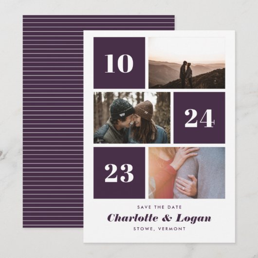 Vetgedrukte blokken Plum Three Foto Save The Date (Voorkant / Achterkant)