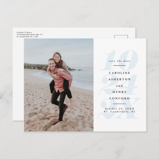 Vetgedrukte datum blauw save the date foto briefka briefkaart (Voorkant / Achterkant)