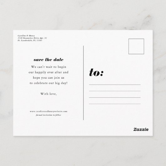 Vetgedrukte datum blauw save the date foto briefka briefkaart (Achterkant)