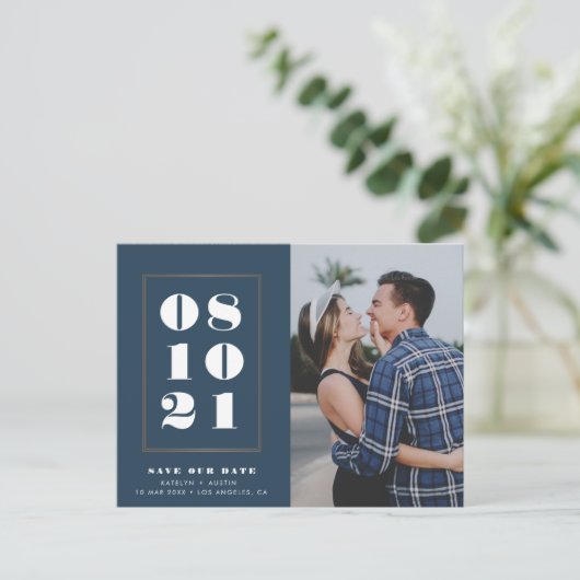 Vetgedrukte datum elegant lijst blauw bruiloft briefkaart (Staand voorkant)