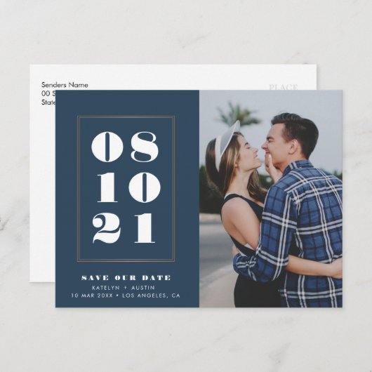 Vetgedrukte datum elegant lijst blauw bruiloft briefkaart (Voorkant / Achterkant)