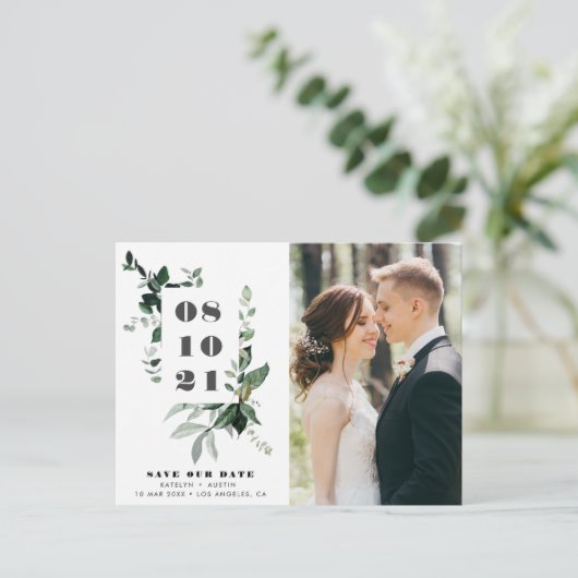 Vetgedrukte datum groen lijst belettering bruiloft briefkaart (Staand voorkant)