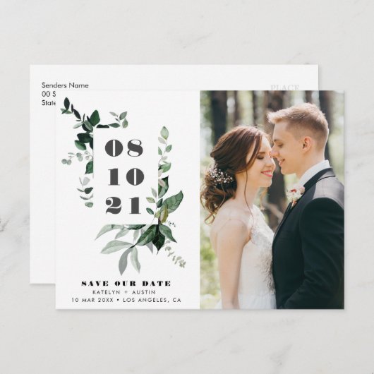 Vetgedrukte datum groen lijst belettering bruiloft briefkaart (Voorkant / Achterkant)