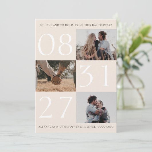 Vetgedrukte datum Triple Photo Save the Date Kaart (Staand voorkant)