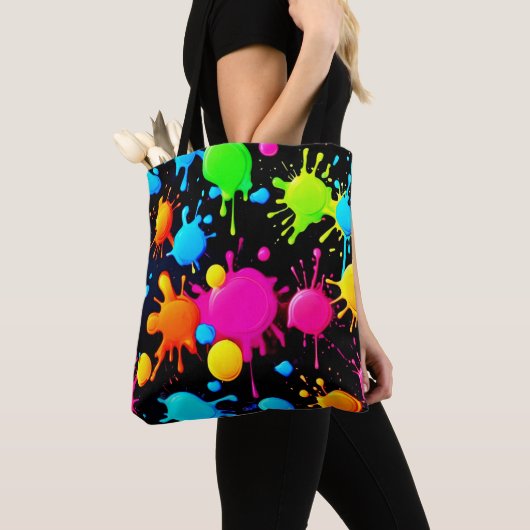 Vetgedrukte en heldere verfspatten tote bag (Dichtbij)