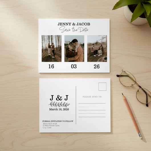Vetgedrukte foto collage data Save the Date Briefkaart