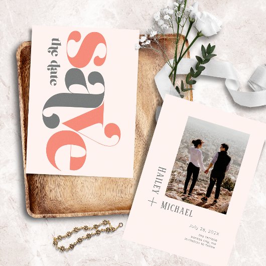 Vetgedrukte foto  Coral Grey Bewaar de datum Save The Date