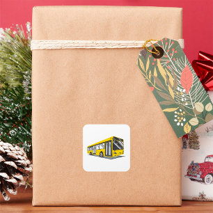 Vetgedrukte gele stadsbus openbaar vervoer vierkante sticker