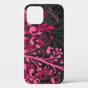 Vetgedrukte Hot Pink Black Elegant Bloemen iPhone 12 Hoesje