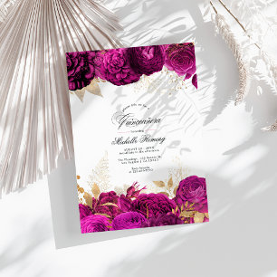 Vetgedrukte Hot-Pink en Gouden Bloemen Quinceañera Kaart
