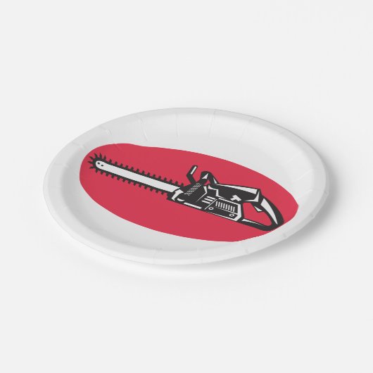 Vetgedrukte kettingzaag Lumberjack Logging Tool Papieren Bordje (Gekanteld)