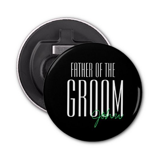 Vetgedrukte letters "Vader van de Bruidegom" Trouw Button Flesopener (Voorkant)