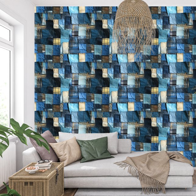 Vetgedrukte marineblauwe indigo collage papier tex behang (Indigo Aesthetic wallpaper)