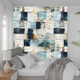 Vetgedrukte marineblauwe indigo collage papier tex behang