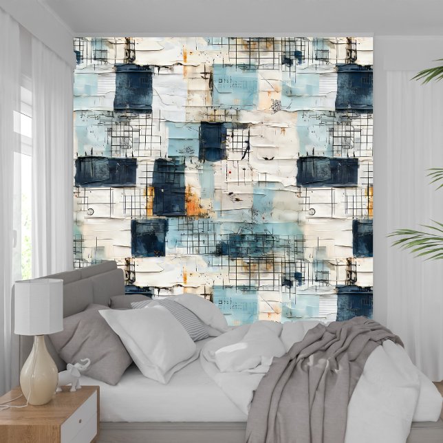 Vetgedrukte marineblauwe indigo collage papier tex behang (Textured Wall Art )