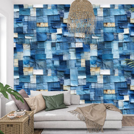 Vetgedrukte marineblauwe indigo collage papier tex behang