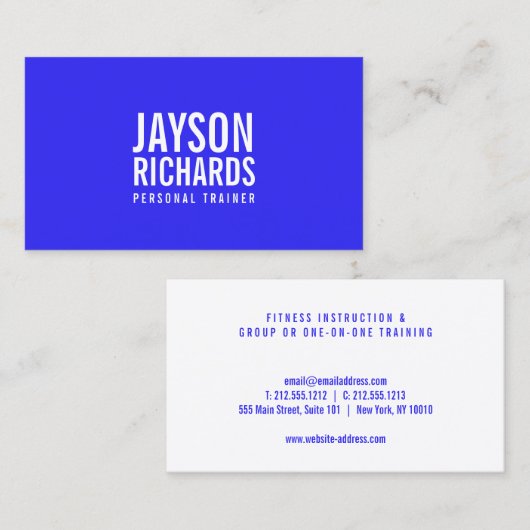 Vetgedrukte minimalistische helderblauwe personal  visitekaartje (Voorkant / Achterkant)