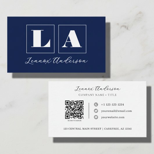 Vetgedrukte Monogram QR-code Blauw Visitekaartje