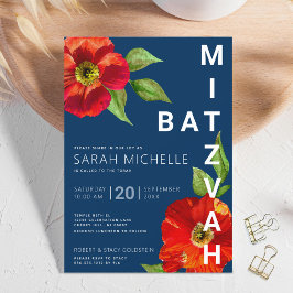 Vetgedrukte Navy Bat Mitzvah Red Floral Waterverf Kaart