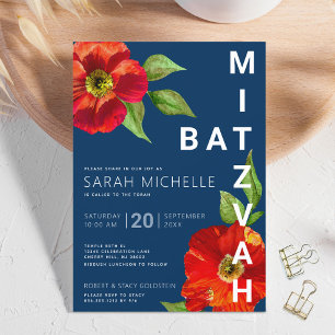 Vetgedrukte Navy Bat Mitzvah Red Floral Waterverf  Kaart