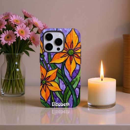 Vetgedrukte Oranje bloemen met Paarse achtergrond Case-Mate iPhone Case