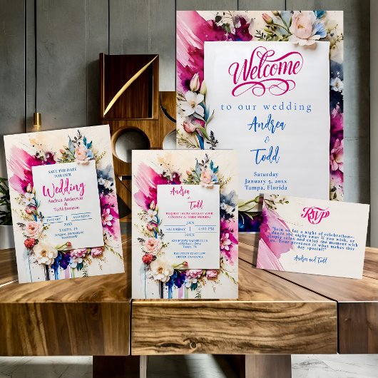 Vetgedrukte penseelstreken floral waterverf bruilo kaart