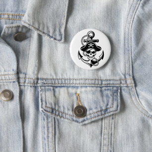 Vetgedrukte piratenschedel en anker - nautisch ont ronde button 5,7 cm