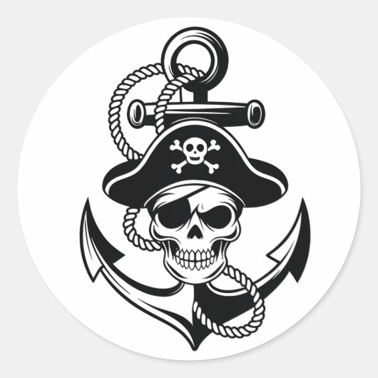 Vetgedrukte piratenschedel en anker - nautisch ont ronde sticker (Voorkant)