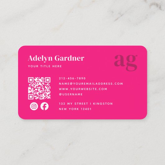Vetgedrukte QR-code Hot Pink Monogram Script Socia Visitekaartje (Achterkant)