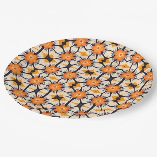 Vetgedrukte Retro Bloemenillustratie in Sinaasappe Papieren Bordje (Gekanteld)