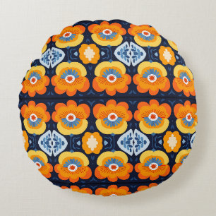 Vetgedrukte Retro Bloemenillustratie in Sinaasappe Rond Kussen