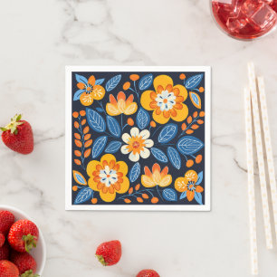 Vetgedrukte Retro Bloemenillustratie in Sinaasappe Servet