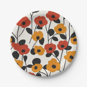 Vetgedrukte Retro Bloemenpatroon Rood, Sinaasappel Papieren Bordje