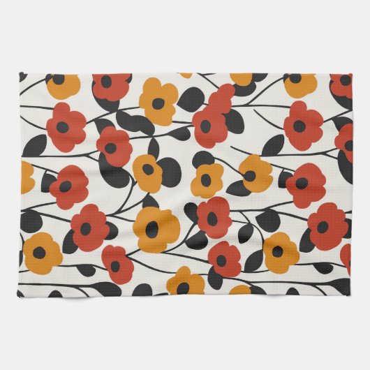 Vetgedrukte Retro Bloemenpatroon Rood, Sinaasappel Theedoek (Horizontaal)