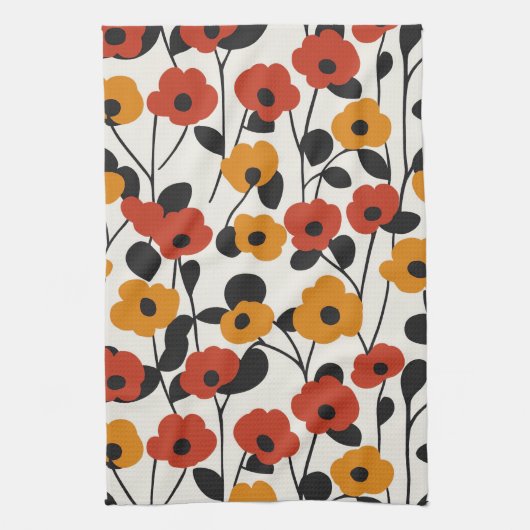 Vetgedrukte Retro Bloemenpatroon Rood, Sinaasappel Theedoek (Verticaal)