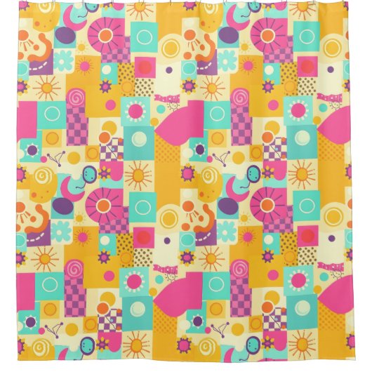 Vetgedrukte Retro Douchegordijn – 90s Kleurrijke C (Voorkant)