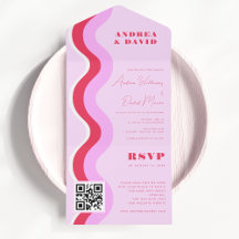 Vetgedrukte Retro Golven Roze & Rode QR Code RSVP 