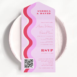 Vetgedrukte Retro Golven Roze & Rode QR Code RSVP  All In One Uitnodiging
