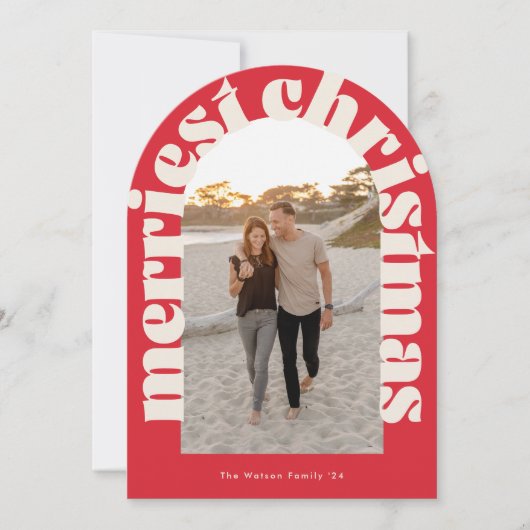 Vetgedrukte Retro Rode Foto Merriest Arch Holiday  Kaart (Voorkant)