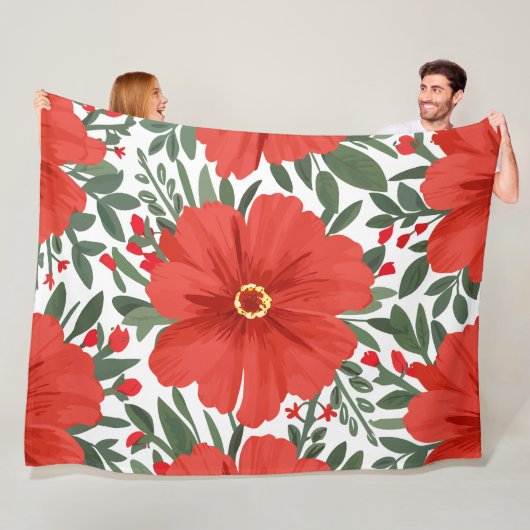 Vetgedrukte rode bloemmotief met weelderige groene fleece deken (In situ)