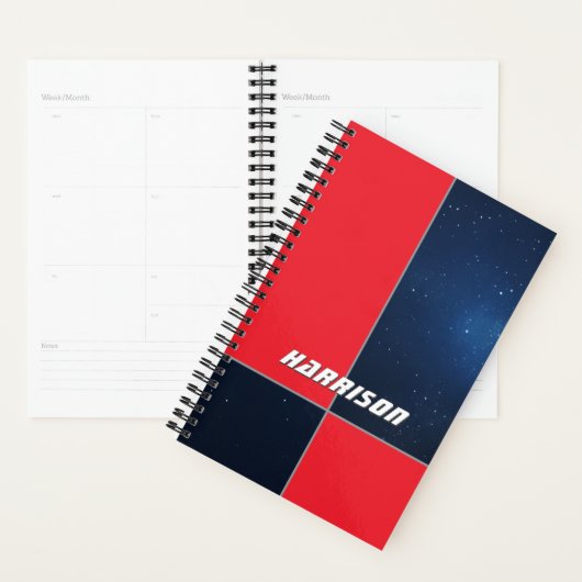 Vetgedrukte rode donkerblauwe ruimte gepersonalise planner (Display)
