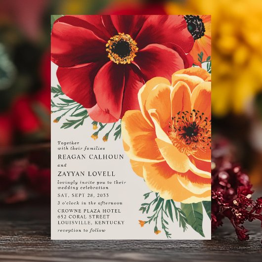 Vetgedrukte rode en gele bloemen Elegante bruiloft Kaart