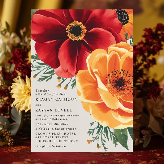 Vetgedrukte rode en gele bloemen Elegante bruiloft Kaart