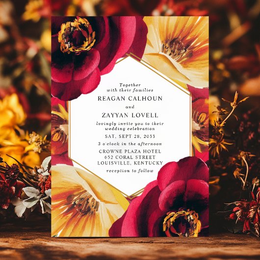 Vetgedrukte rode en gele bloemen geometrische brui kaart