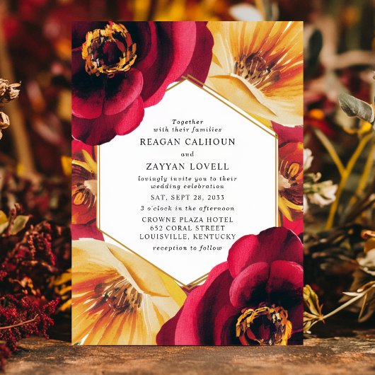 Vetgedrukte rode en gele bloemen geometrische brui kaart