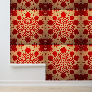 Vetgedrukte rode mandala op gouden achtergrond behang