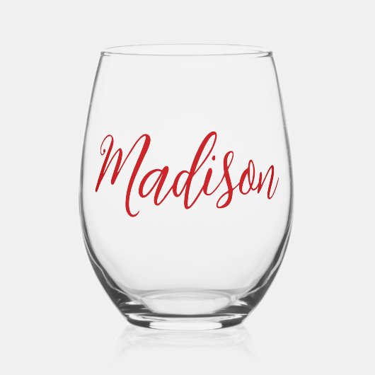 Vetgedrukte rode naam Handgeschreven script Aangep Wijnglas Zonder Voet (Voorkant)